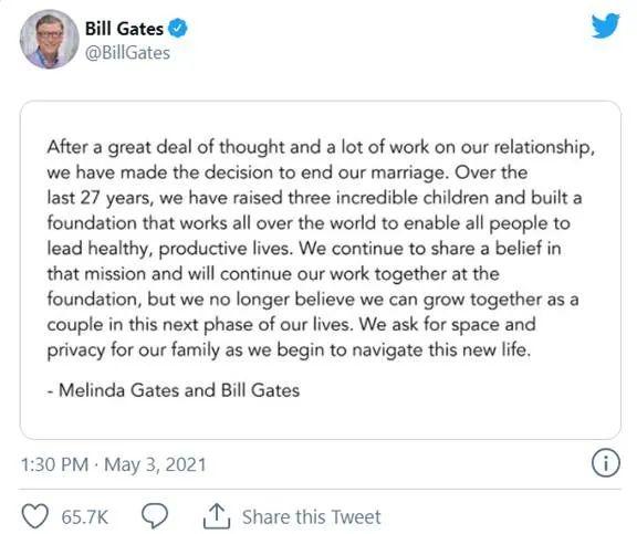 突发! 比尔盖茨宣布离婚 1300亿财产分家! 27年婚姻画句点 网友全炸了! 新闻 第2张